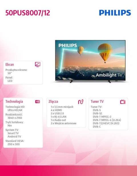 Telewizor LED 50 cali 50PUS8007/12 Android Ambilight Telewizor LED 50 cali 50PUS8007/12 Android Ambilight