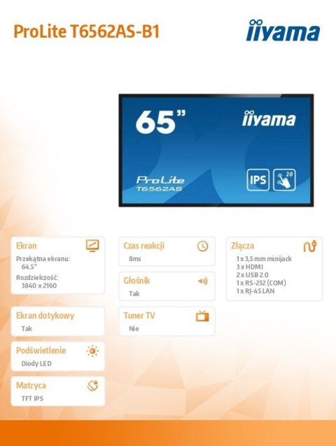 Monitor wielkoformatowy 65 cali T6562AS-B1 POJ.20PKT.24/7,IPS,500cd,ANDROID8.0 Monitor wielkoformatowy 65 cali T6562AS-B1 POJ.20PKT.24/7,IPS,500cd,ANDROID8.0