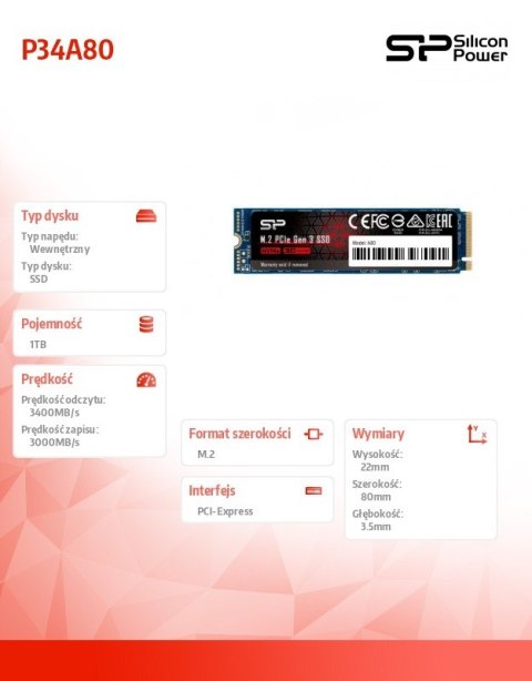 Dysk SSD P34A80 1TB PCIe M.2 NVMe 3400/3000 MB/s