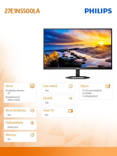Monitor 27 cali 27E1N5500LA VA HDMIx2 DP Pivot Głośniki