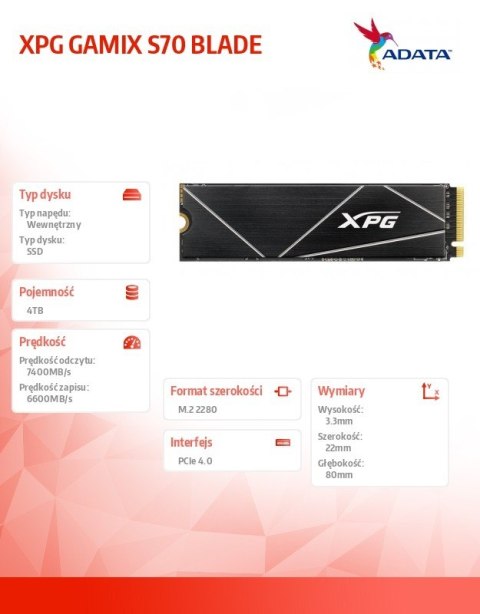 Dysk SSD XPG GAMMIX S70 BLADE 4TB PCIe 4x4 7.4/6.6 GBs