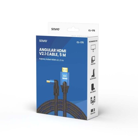 Kabel HDMI (M) v2.1, kątowy, 5m, 8K, miedź, niebiesko-czarny, złote końcówki, ethernet/3D, CL-175 Kabel HDMI (M) v2.1, kątowy, 5m, 8K, miedź, niebiesko-czarny, złote końcówki, ethernet/3D, CL-175