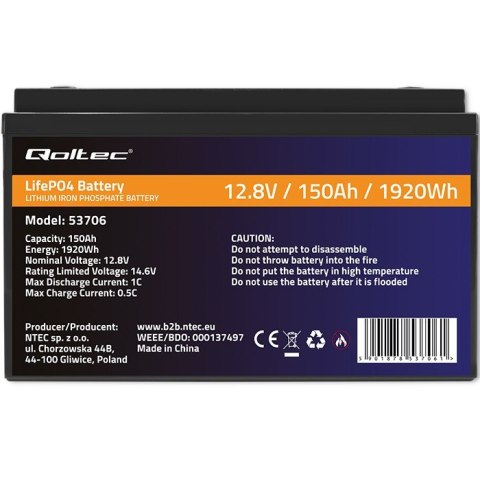 Akumulator LiFePO4 Litowo-Żelazowo-Fosforanowy | 12.8V | 150Ah | 1920Wh | BMS