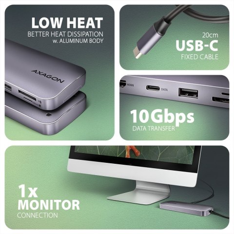 HMC-6GM2 Wieloportovy hub USB 6in1, 10Gbps, USB-A, USB-C, HDMI 4K/60Hz, M.2 NVMe/SATA, SD/microSD, PD 100W, 20cm USB-C kabel