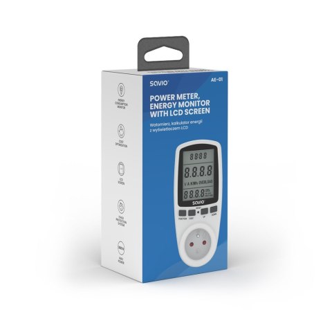 Watomierz, kalkulator energii z wyświetlaczem LCD, 16A, 3680W, AE-01 Watomierz, kalkulator energii z wyświetlaczem LCD, 16A, 3680W, AE-01