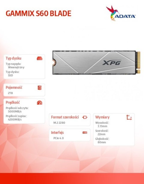 Dysk SSD XPG S60 2TB PCIe 4x4 5/4.2GB/s M2
