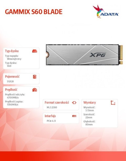 Dysk SSD XPG S60 512GB PCIe 4x4 4.7/1.7GB/s M2