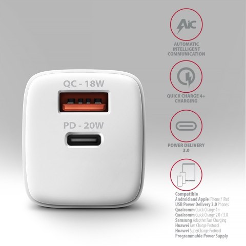 ACU-PQ20W Ładowarka sieciowa 20W QC3.0/AFC/FCP + PD type-C Biała ACU-PQ20W Ładowarka sieciowa 20W QC3.0/AFC/FCP + PD type-C Biała