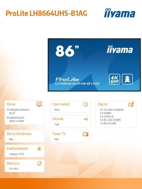 Monitor 85.6 cala ProLite LH8664UHS-B1AG,24/7,IPS,ANDROID.11,4K Monitor 85.6 cala ProLite LH8664UHS-B1AG,24/7,IPS,ANDROID.11,4K