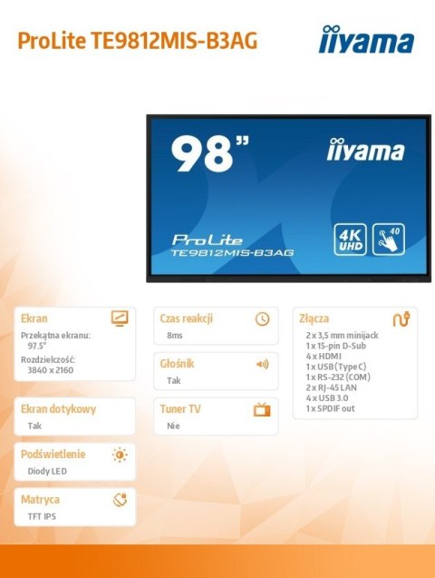 Monitor 97.5 cala ProLite TE9812MIS-B3AG,INFRARED,40pkt,IPS,4K, 24/7, 7H, WiFi,VGA, HDMI, USB-c, Bluetooth,metal,8ms, vesa, głoś Monitor 97.5 cala ProLite TE9812MIS-B3AG,INFRARED,40pkt,IPS,4K, 24/7, 7H, WiFi,VGA, HDMI, USB-c, Bluetooth,metal,8ms, vesa, głoś