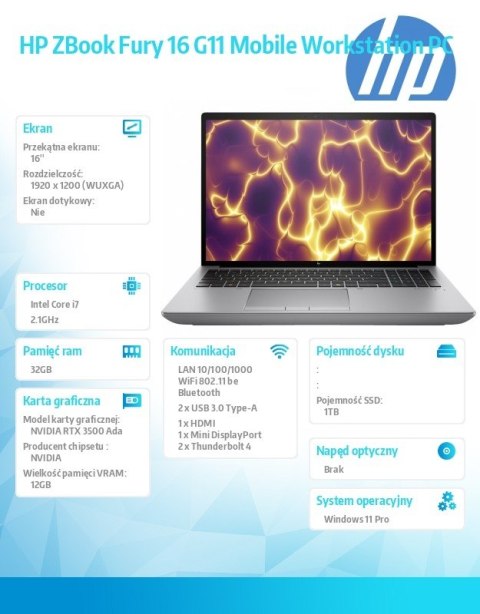 Mobilna stacja robocza ZBook Fury G11/W11P i7-14700HX 32GB/1TB/16.0 62X78EA Mobilna stacja robocza ZBook Fury G11/W11P i7-14700HX 32GB/1TB/16.0 62X78EA