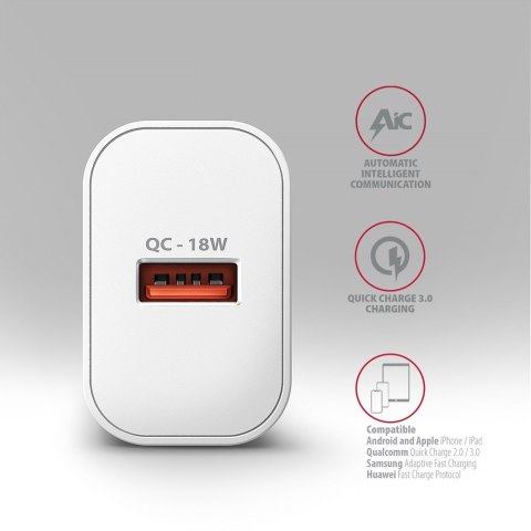 ACU-QC18W Ładowarka sieciowa QC 18W, 1x port USB-A, QC3.0/AFC/FCP/SMART Biała ACU-QC18W Ładowarka sieciowa QC 18W, 1x port USB-A, QC3.0/AFC/FCP/SMART Biała