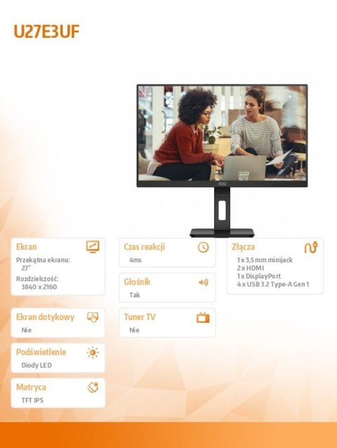 Monitor 27 cali U27E3UF 4K IPS HDMIx2 DP Pivot Głośniki