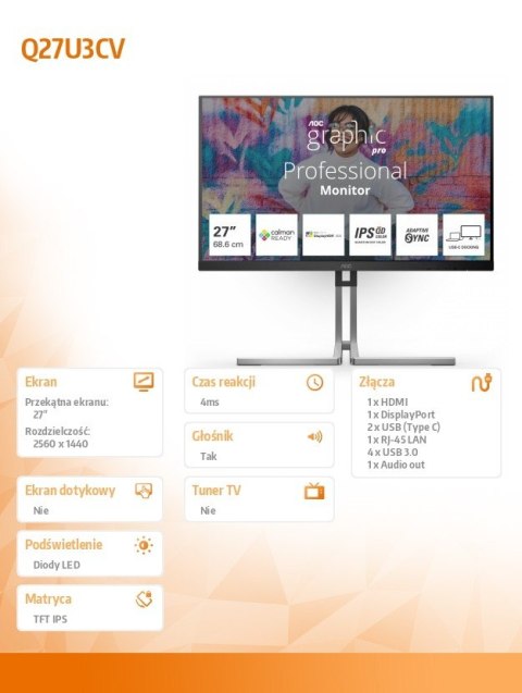 Monitor Q27U3CV 27 cali IPS QD HDMI DP USB-C RJ45 KVM