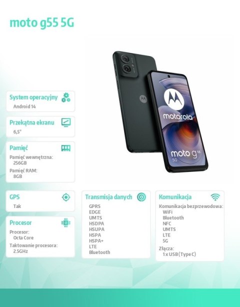 Smartfon moto g55 5G 8/256GB Grey z kompletem akcesoriów w zestawie