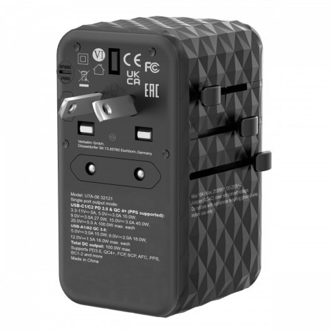 Adapter podróżny UTA-06 32121 ładowarka GaN PD 100W, QC 4+, 2x USB-C, 2x USB-A, 180 krajów