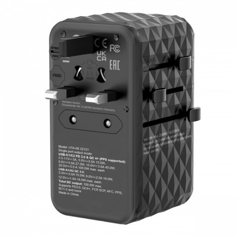 Adapter podróżny UTA-06 32121 ładowarka GaN PD 100W, QC 4+, 2x USB-C, 2x USB-A, 180 krajów