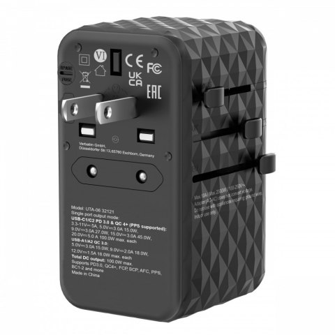 Adapter podróżny UTA-06 32121 ładowarka GaN PD 100W, QC 4+, 2x USB-C, 2x USB-A, 180 krajów