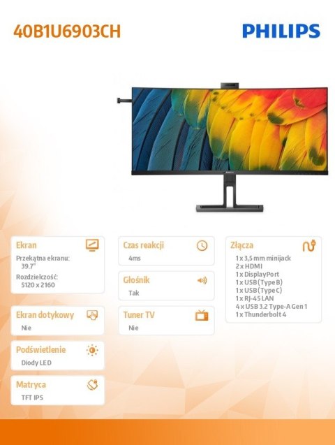 Monitor 40B1U6903CH 40 cali Curved IPS HDMIx2 DP HAS USB-C Kamera