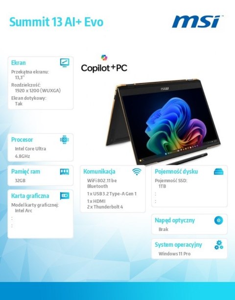 Notebook Summit 13 AI+ Evo A2VMTG-008PL Windows11PRO/CUltra7/32GB/1TB/IntArc/13.3cala