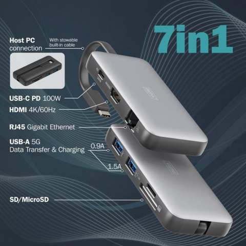 Stacja dokująca podróżna USB-C 7 portowa, max. 4K/60Hz z HDR, HDMI, USB-A 3.2 Gen1, Gigabit Ethernet, SD/Micro SD, PD 100W Stacja dokująca podróżna USB-C 7 portowa, max. 4K/60Hz z HDR, HDMI, USB-A 3.2 Gen1, Gigabit Ethernet, SD/Micro SD, PD 100W