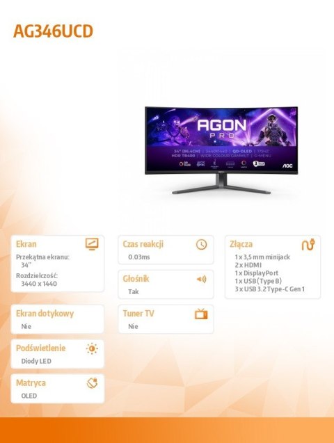 Monitor AG346UCD 34 cale 175Hz Curved QD-OLED HDMIx2 DP HAS Głośniki