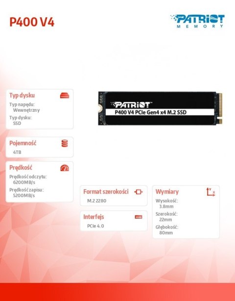 Dysk SSD 4TB P400 V4 6200/5200 MB/s M.2 PCIe Gen4 x4 NVMe 2.0 Dysk SSD 4TB P400 V4 6200/5200 MB/s M.2 PCIe Gen4 x4 NVMe 2.0