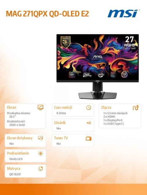 Monitor 26.5 cala MAG 271QPX QD-OLED E2 LED/WQHD/FLAT/240Hz/czarny