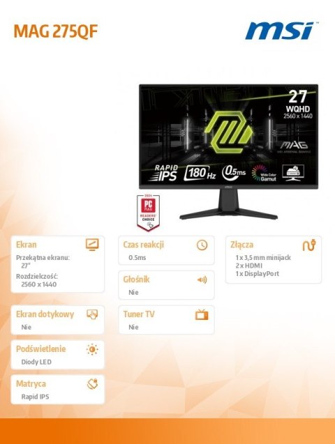 Monitor MAG 275QF 27 cali/LED/QHD/Flat/180Hz/Black