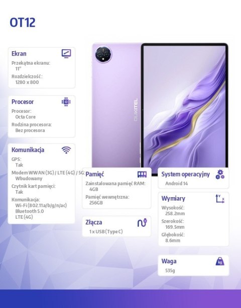 Tablet OT12 4G 11 cali 4/256GB fioletowy