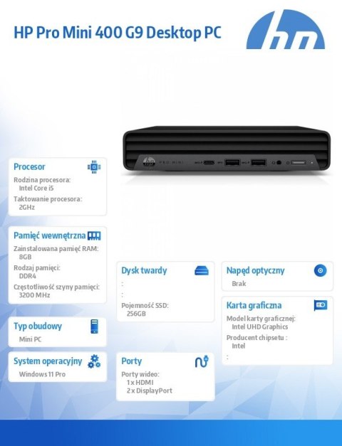 Komputer Pro 400 Mini G9 i5-12500T 256GB/8GB/W11P 885H6EA Komputer Pro 400 Mini G9 i5-12500T 256GB/8GB/W11P 885H6EA