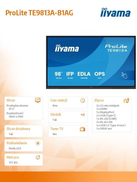 Monitor 98 cali TE9813A-B1AG INFRARED,40pkt,IPS,4K,7H,450cd/m2, WiFi,USB, ANDROID 14, Google EDLA,2x20W, UCHWYT CIENNY Monitor 98 cali TE9813A-B1AG INFRARED,40pkt,IPS,4K,7H,450cd/m2, WiFi,USB, ANDROID 14, Google EDLA,2x20W, UCHWYT CIENNY