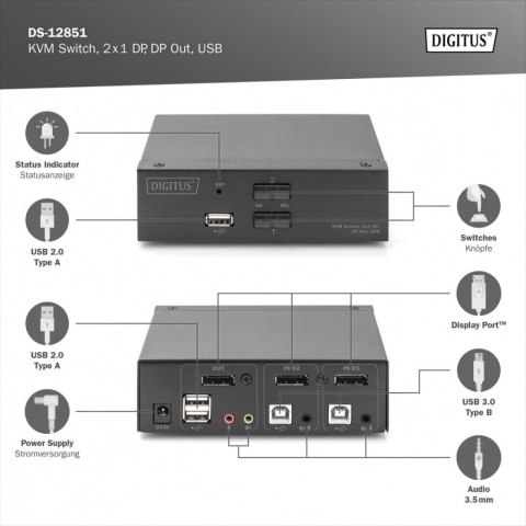 Przełącznik KVM, 2 portowy, 4K 60Hz, 2xDisplayPort IN, 1xDisplayPort OUT, 2xUSB, 2xAudio IN&OUT Przełącznik KVM, 2 portowy, 4K 60Hz, 2xDisplayPort IN, 1xDisplayPort OUT, 2xUSB, 2xAudio IN&OUT