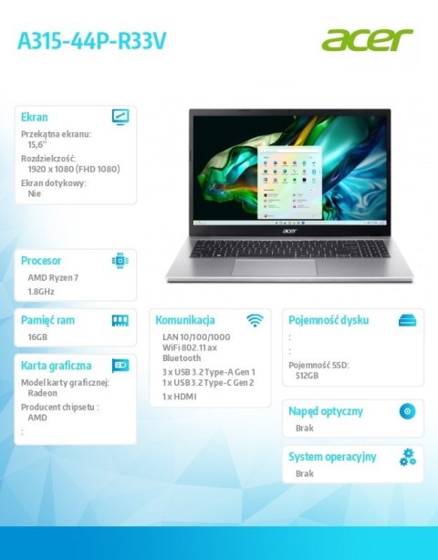Laptop Aspire 3 A315-44P-R33V R7 5700U 15,6 FHD 16GB 512GB No OS Silver