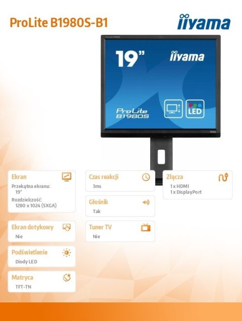 Monitor 19 cali B1980S-B1 HDMI,DP.PIVIOT,HAS/150mm Monitor 19 cali B1980S-B1 HDMI,DP.PIVIOT,HAS/150mm