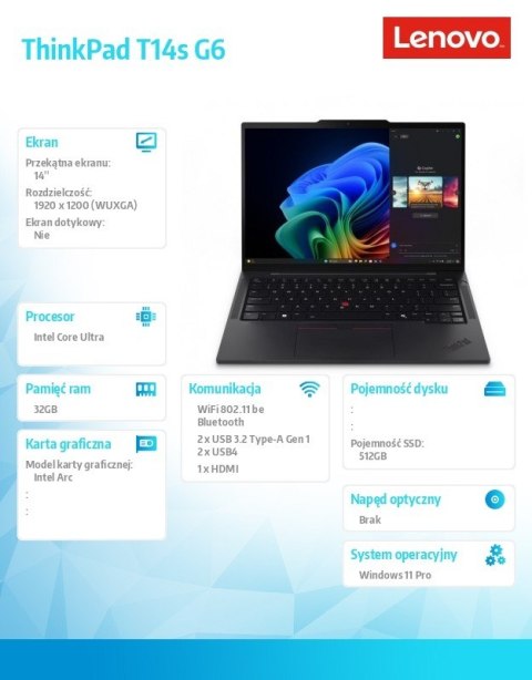 Ultrabook ThinkPad T14s G6 21QX00H5PB W11Pro Ultra 5 228V/32GB/512GB/INT/14.0 WUXGA/Black/3YRS Premier Support + CO2 Offset
