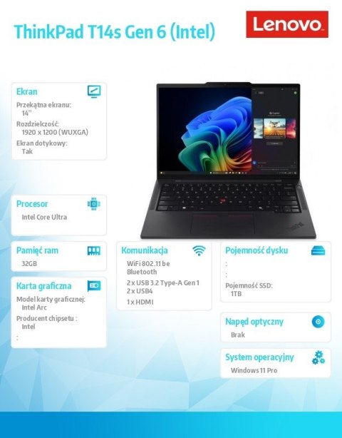Ultrabook ThinkPad T14s G6 21QX00HEPB W11Pro Ultra 7 258V/32GB/1TB/INT/14.0 WUXGA/Touch/3YRS Premier Support + CO2 Offset