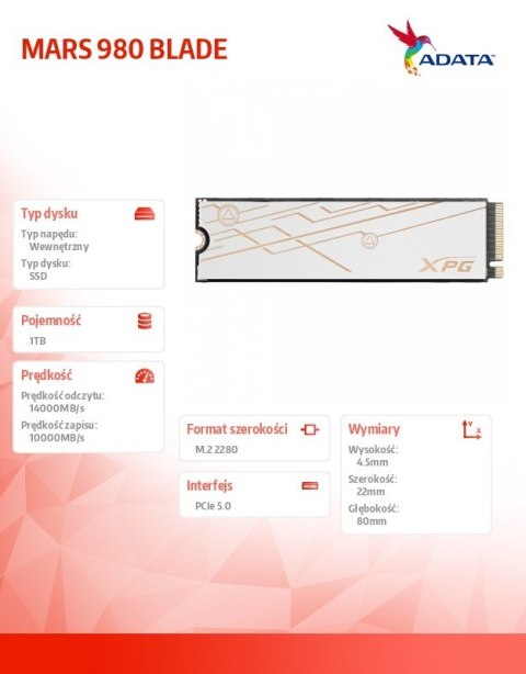 Dysk SSD XPG MARS 980 BLADE 1TB PCIe 5x4 14/10 GB/s M2