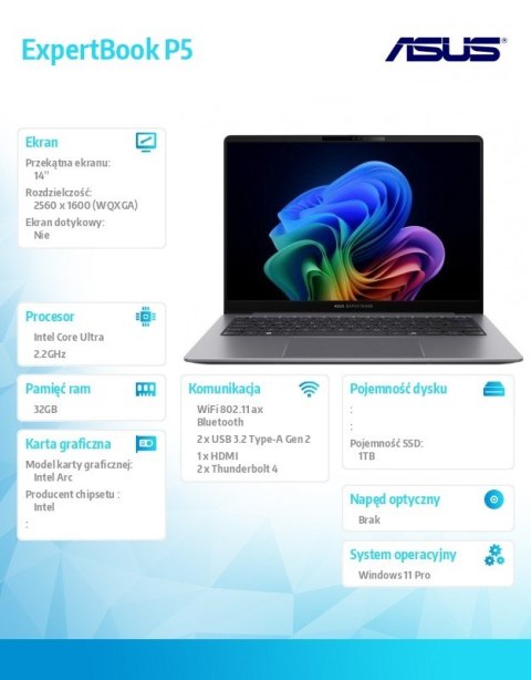 Notebook P5405CSA-NZ0408X ultra 7 258V/14 cali WQXGA/32GB/1TB/ Win 11 PRO/3YRS Copilot+PC