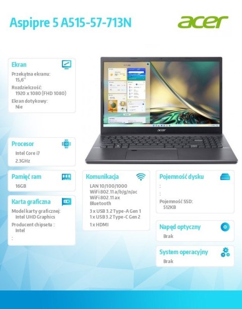 Notebook Aspire 5 A515-57-713N i7-12650H 15.6" FHD 16GB 512GB NoOS szary