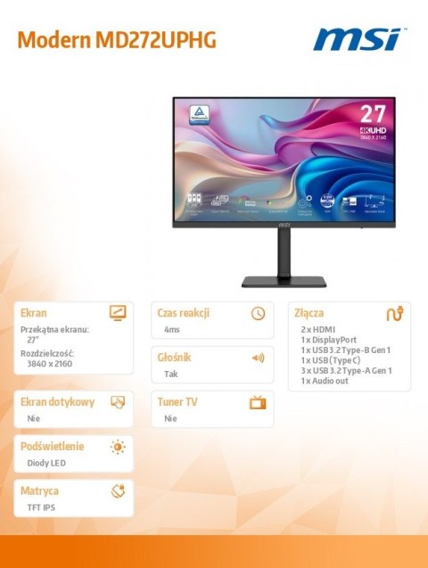 Monitor Modern MD272UPHG 27 cali/LED/UHD/Flat/60Hz/Czarny