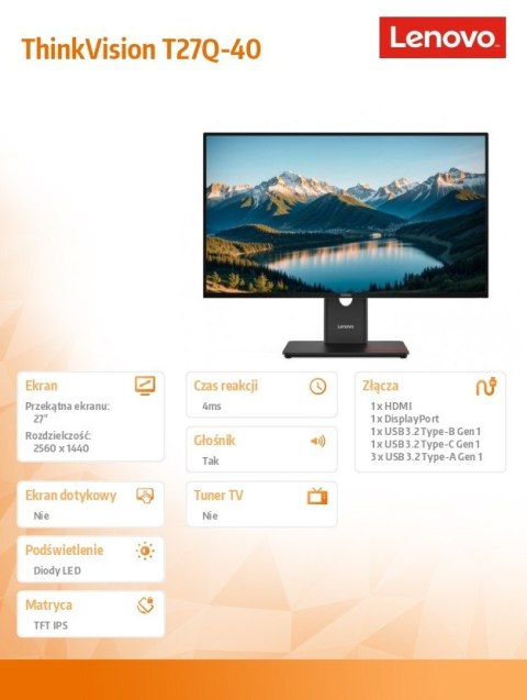 Monitor ThinkVision T27Q-40 WLED LCD 64A6GAT6EU