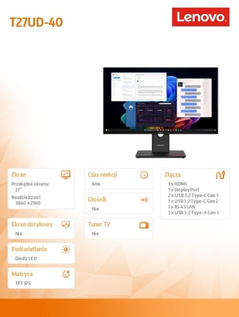 Monitor ThinkVision T27UD-40 27 cali with MC60 64AFZAT2EU