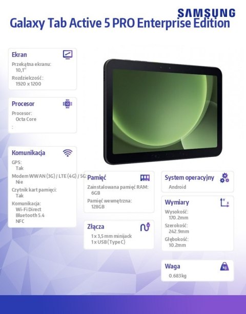 Tablet Galaxy Tab Active 5 PRO 5G 10.1 cala 6/128GB Enterprise Edition czarny