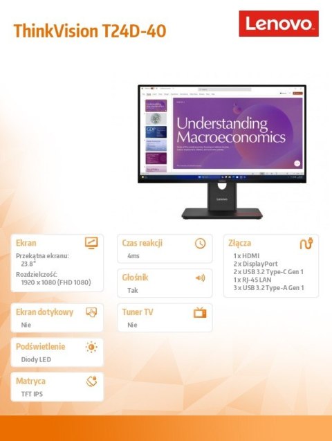 Monitor ThinkVision T24D-40 23.8 cala 64B9GAT1EU