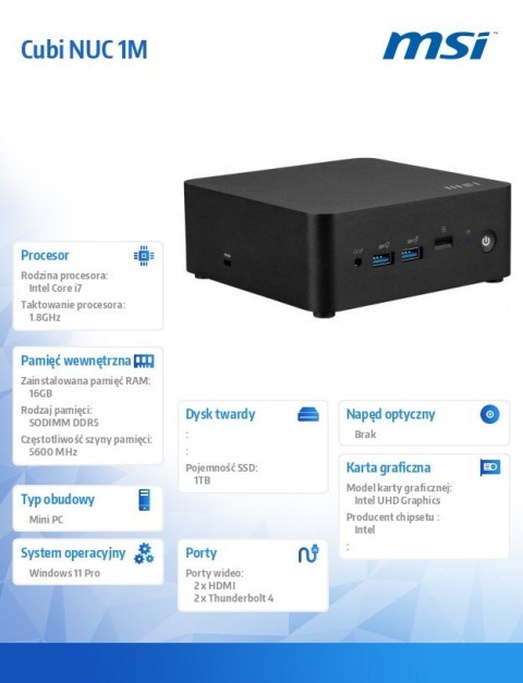 Komputer Cubi NUC 1M-001EU WIN11PRO/IC7-150U/16GB/1TB/WiFi/BT5.3/Czarny Komputer Cubi NUC 1M-001EU WIN11PRO/IC7-150U/16GB/1TB/WiFi/BT5.3/Czarny