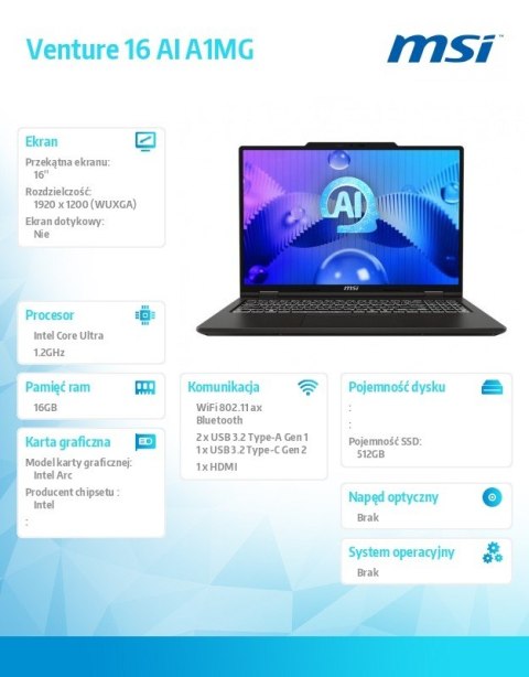 Notebook Venture 16 AI A1MG-039XPL nOS/ICU5-125H/16GB/512SSD/ARC/16''/3Y