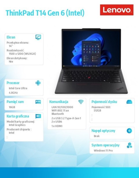 Ultrabook ThinkPad T14 G6 21QC002YPB W11Pro Ultra 5 225U/16GB/512GB/INT/14.0 WUXGA/Black/3YRS Premier Support + CO2 Offset