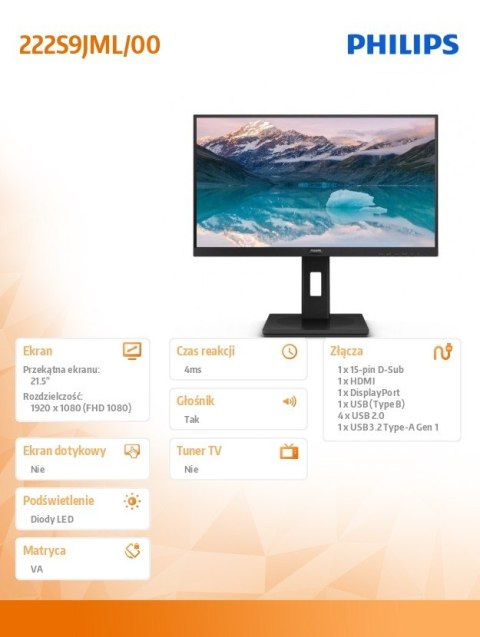 Monitor 222S9JML 21.5 cala VA HDMI DP VGA Pivot