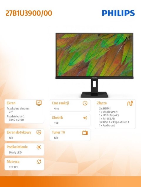 Monitor 27B1U3900 27 cali IPS 4K HDMIx2 DP RJ45 USB-C Pivot Głośniki
